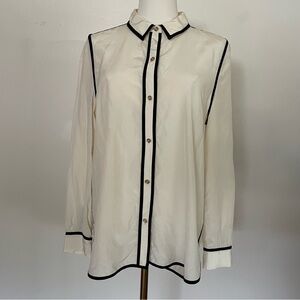 Juicy Couture White Silk Blouse Black Trim Button Down Medium